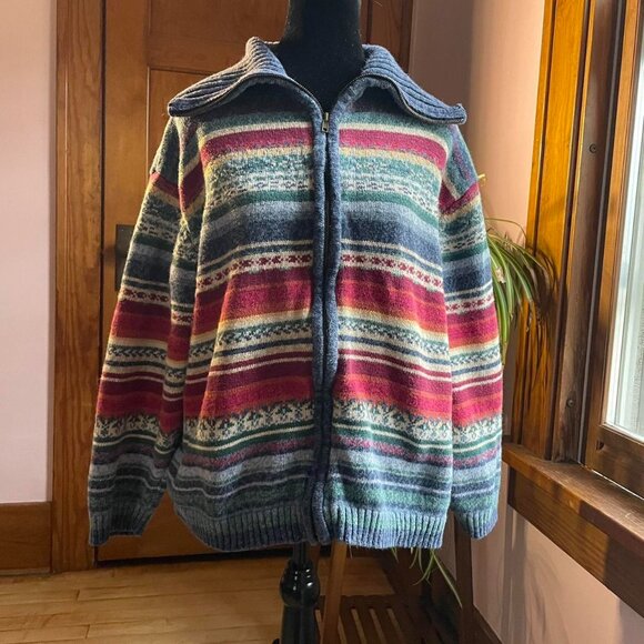 Y2K Vintage Fair Isle Zip Sweater L | Retro Ski Lodge Cottagecore Knit Holiday - Picture 1 of 7